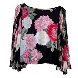Alice + Olivia Floral Silk Blouse Size M Accordion Pleated Transparent Sleeves